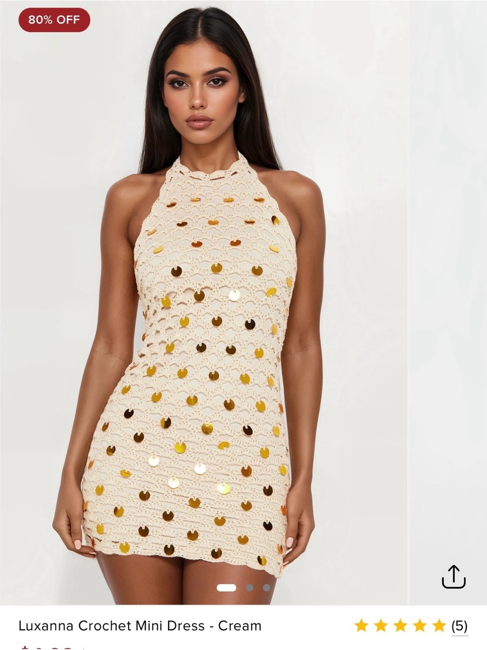 Fashion Nova Luxanna Crochet Halter Mini Dress - Cream with Gold
